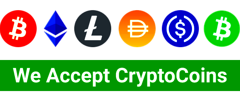 Logo indicating that cryptocurrency payments are accepted, with a Bitcoin symbol.