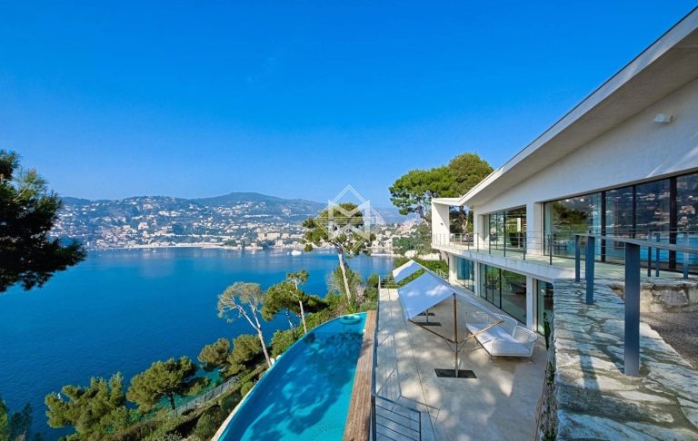 View from a modern villa overlooking the sea, with swimming pool and lush landscapes.