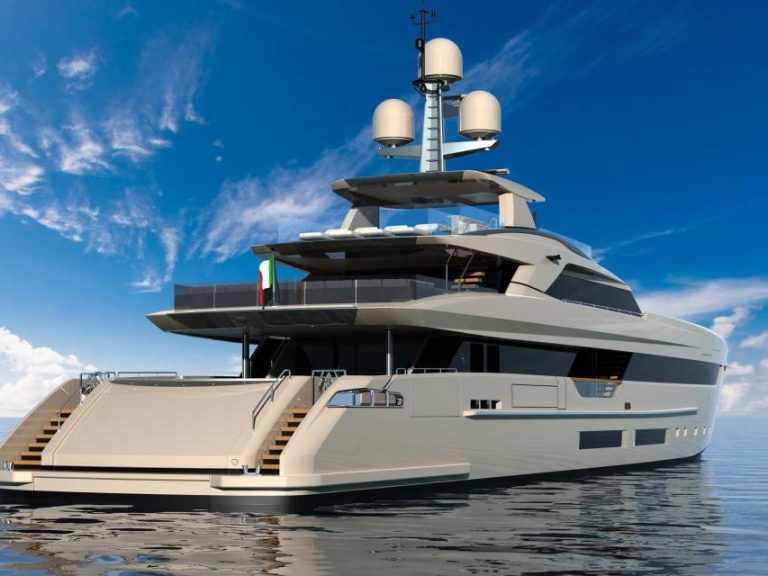 Modern, multi-level yacht with bright colors and visible Italian flag.
