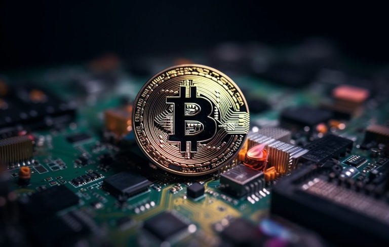 Bitcoin on a circuit board with electronic components in the background.