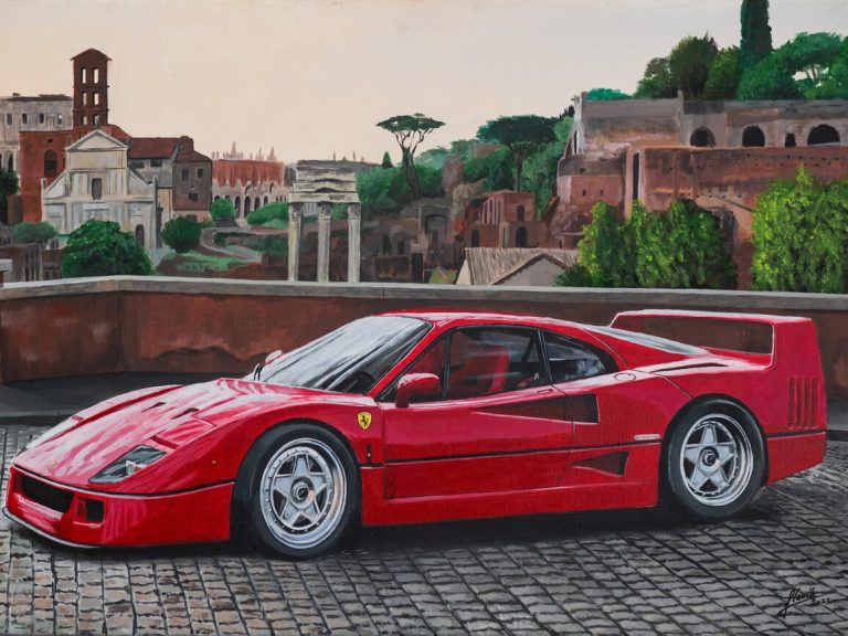 Red Ferrari F40 parked in front of historic buildings.