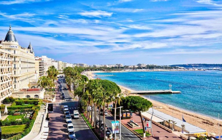 View of the beach and palm-fringed promenade under a blue sky in Canne.
