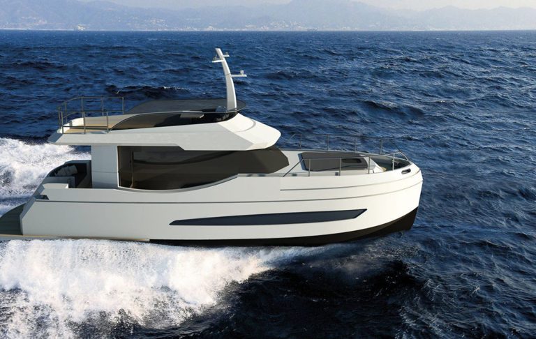 A modern yacht sailing on calm waters, with a sky in the background.