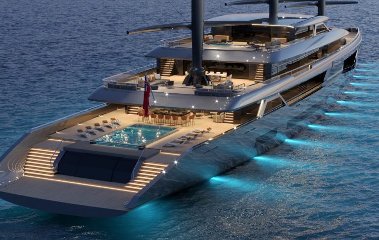 Luxurious yacht with swimming pool and blue lighting, sailing on calm seas.