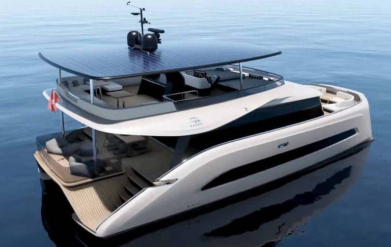 Modern catamaran with solar roof, floating on calm seas.