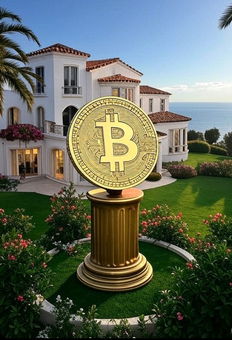 A large Bitcoin coin on a pedestal in front of a luxurious villa.