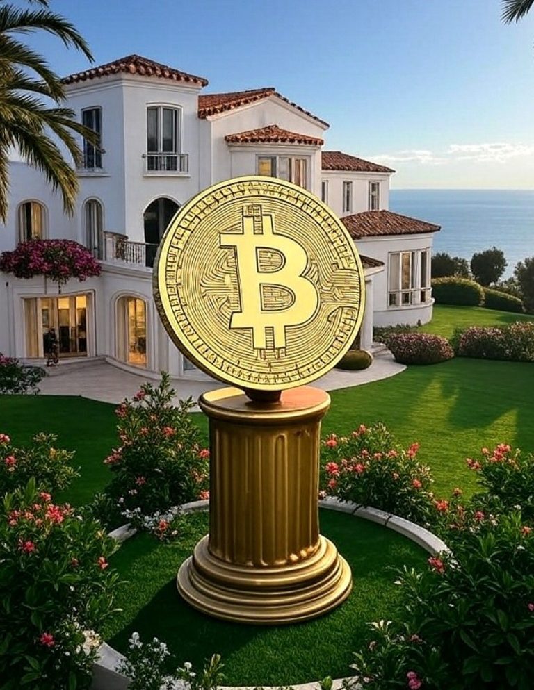 A gold Bitcoin coin in front of a luxurious house in a lush green garden.